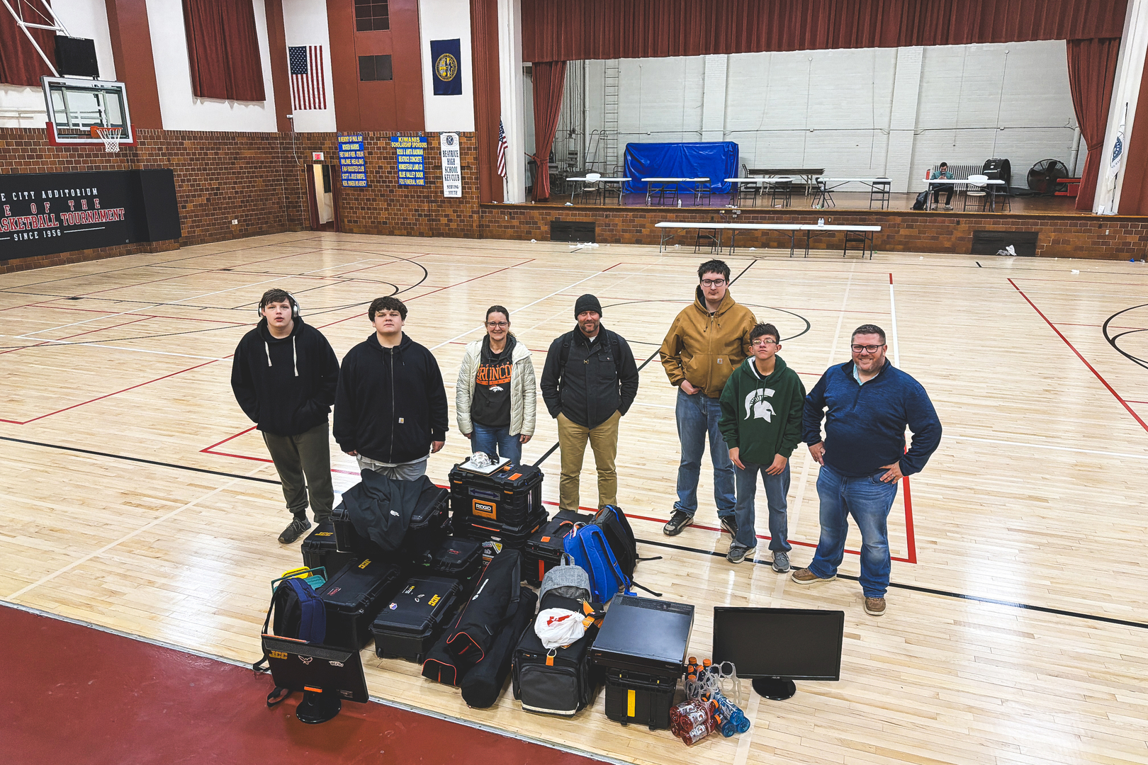 JCC Striv at MUDECAS Basketball Tournament 2026 pictured with gear boxes