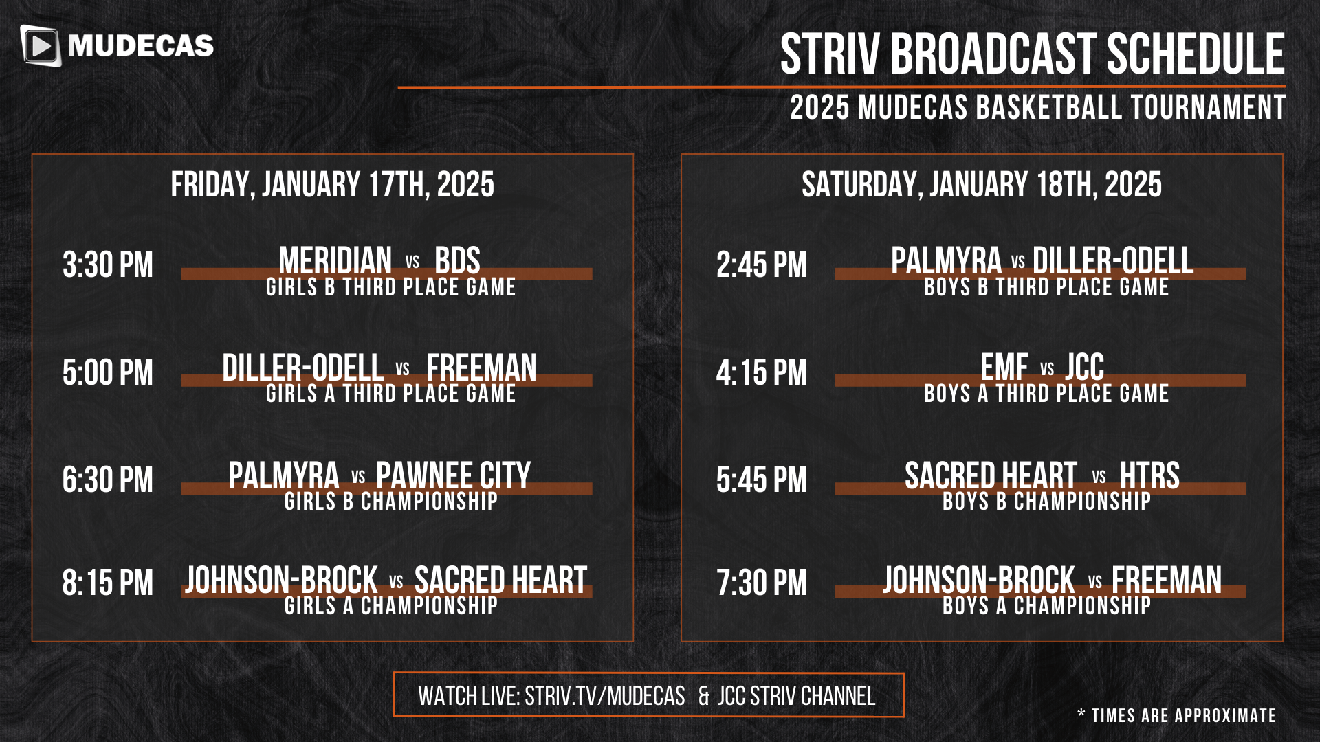 2025 MUDECAS Broadcast Schedule for JCC Striv