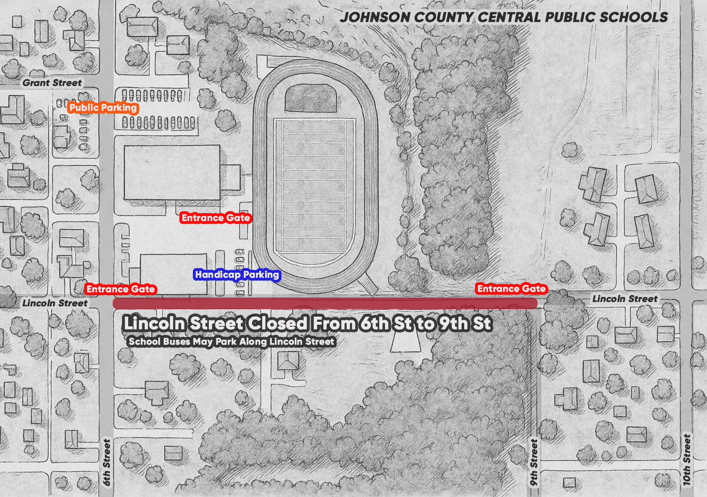 Map of JCC Track showing Lincoln Street closed between 6th and 9th Streets